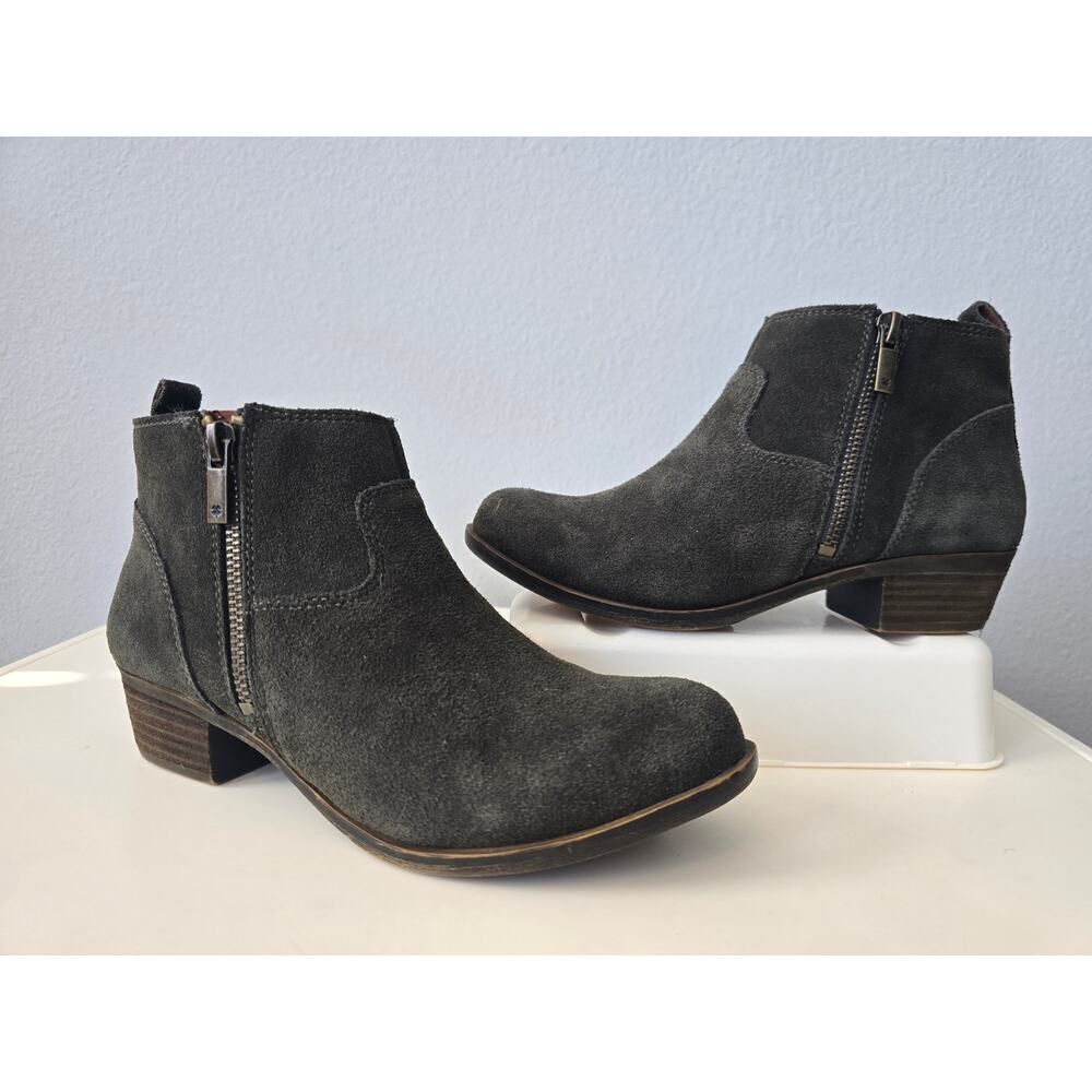 Lucky Brand Suede Ankle Boots Women 6M Gray Side Zip Leather Upper Booties